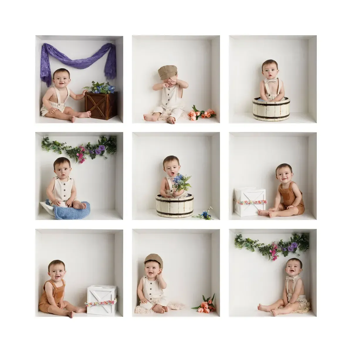 Series of 9 images in a box of a cute baby