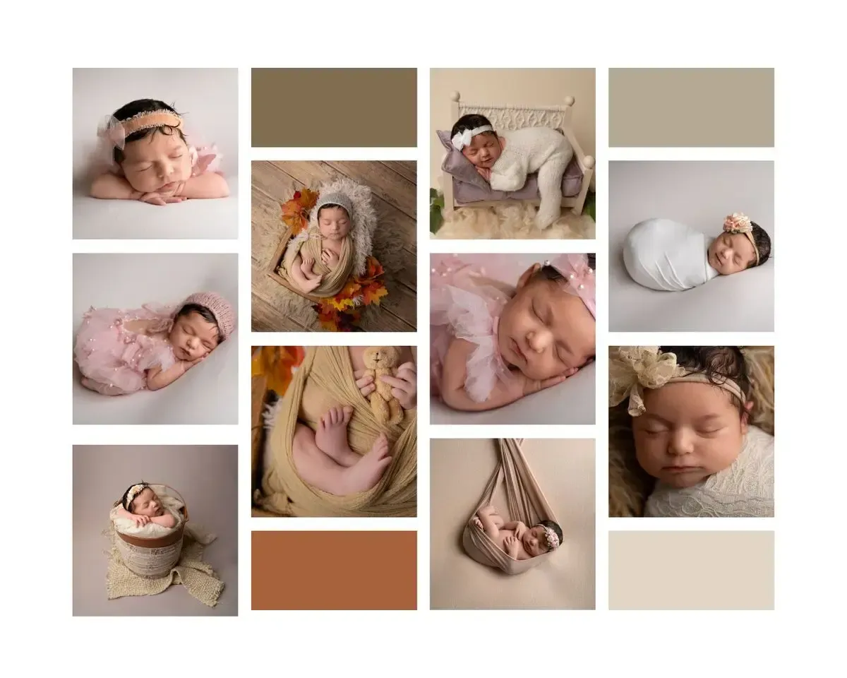 A collage of images from a newborn girl photo session