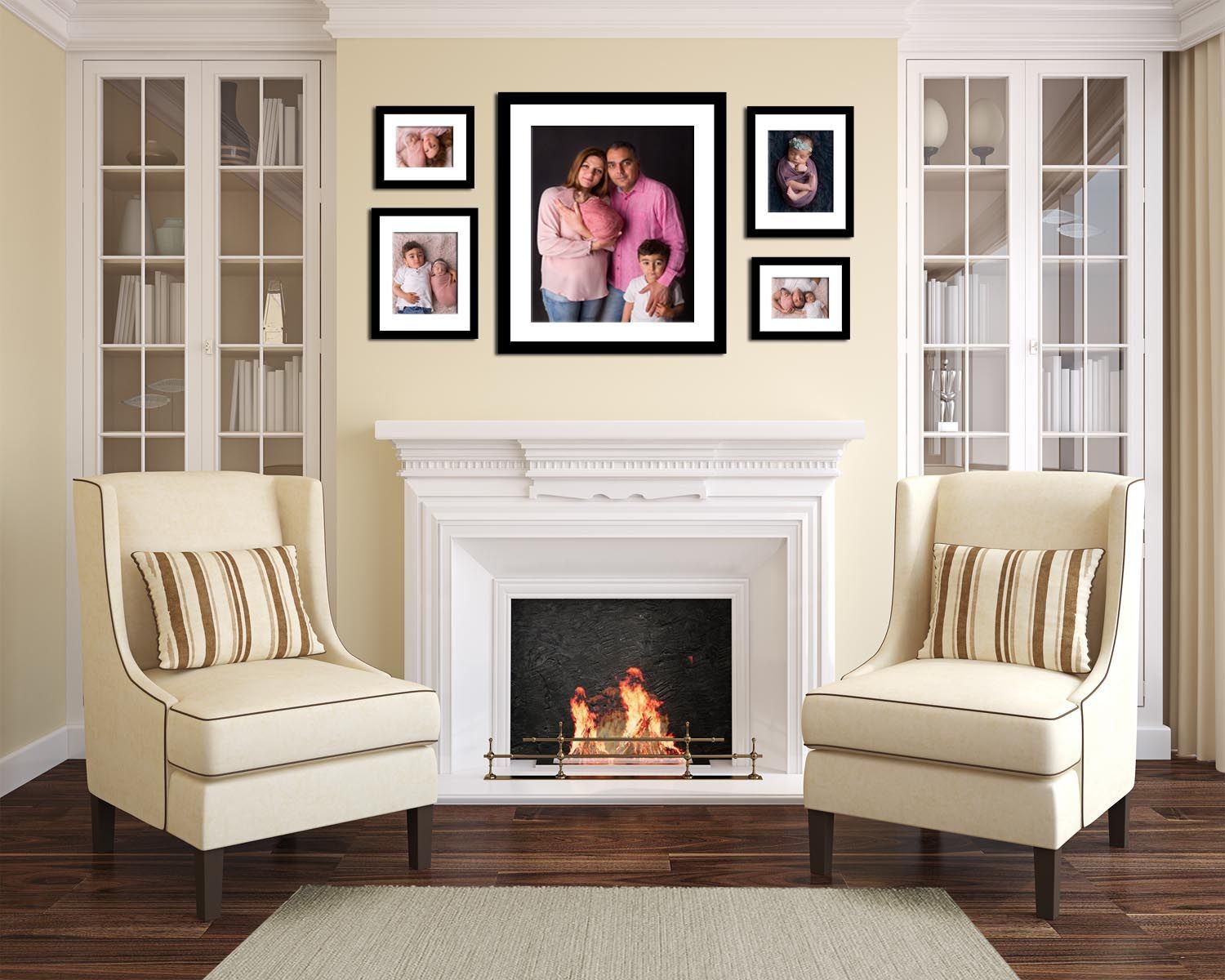 Glendale Living room with Family and Sibling newborn photos. 