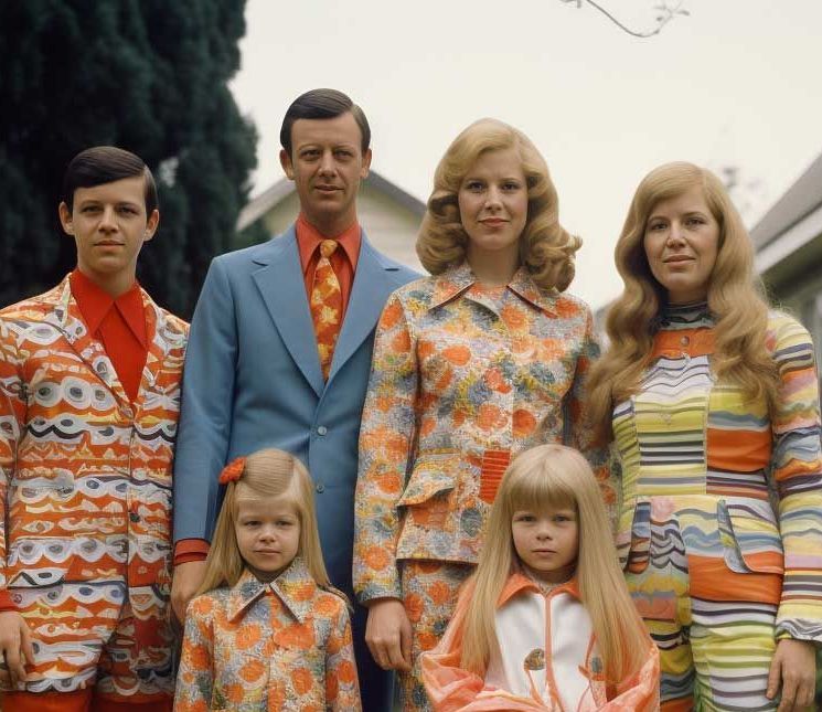 Family in exaggeratedly loud, vibrant, patterned outfits that overwhelm the photo. 1960s Mod feel.