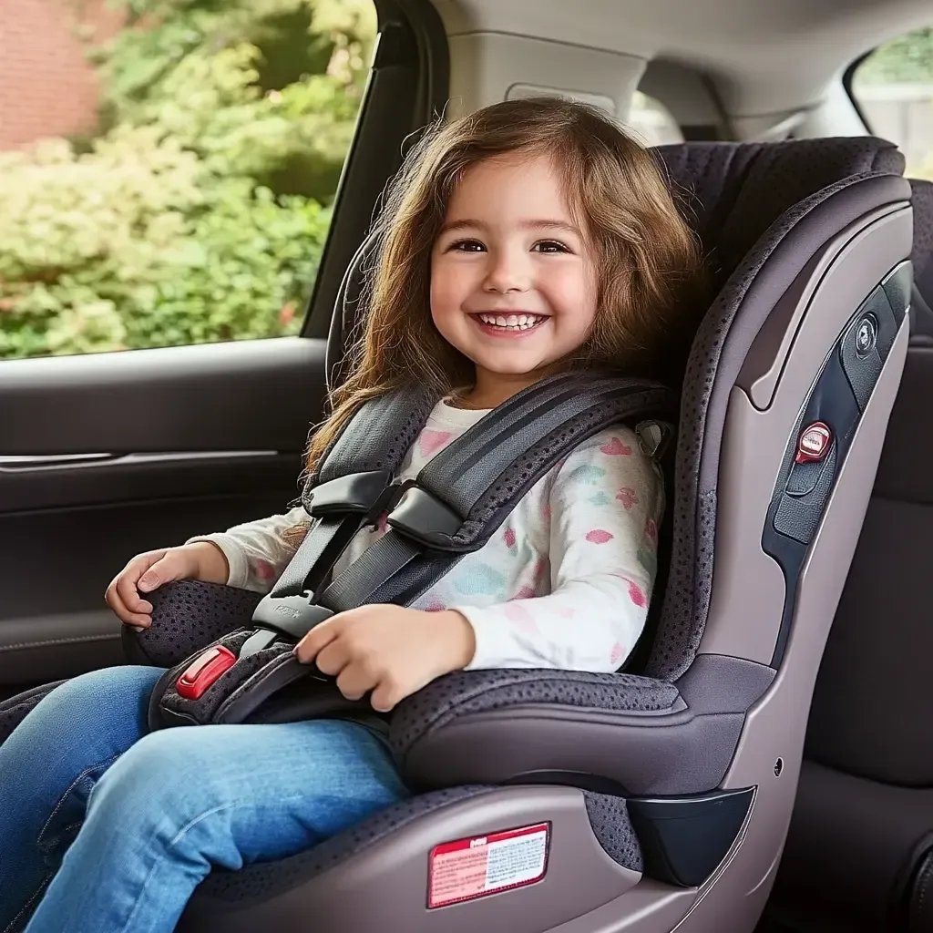 Young toddler smiling in a car seat that is properly installed