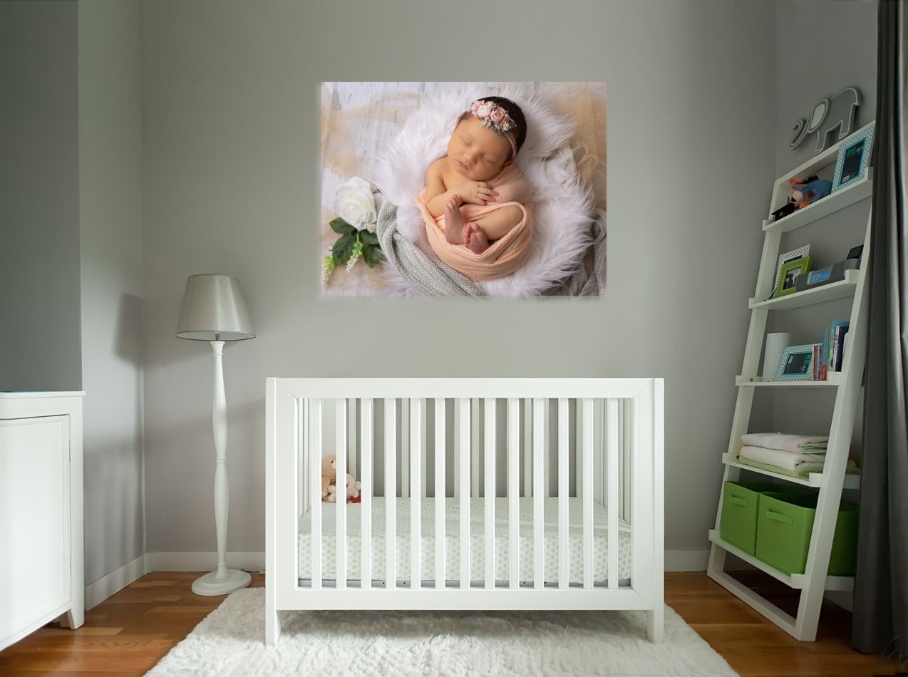 Glendale Newborn Photography Nursery with newborn white furniture, wall art displayed