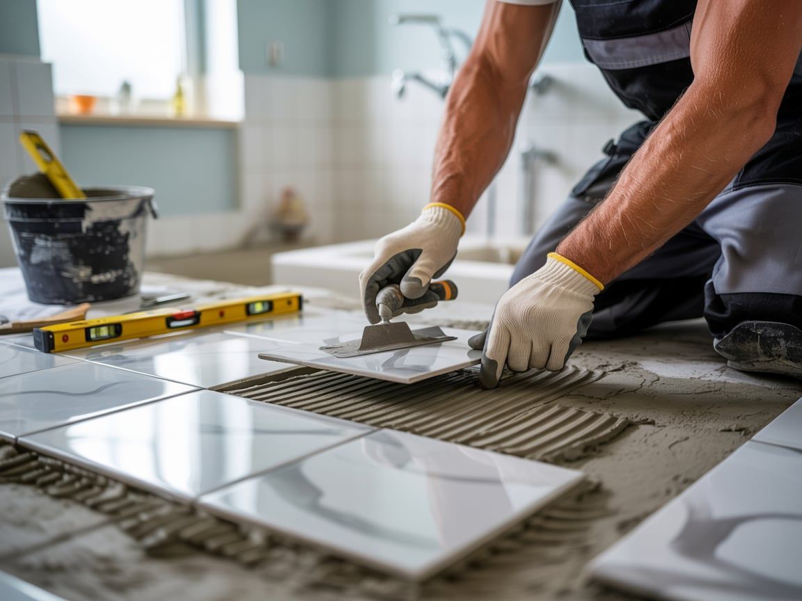 A tile installer in gloves places a tile onto a bed of mortar in a bathroom.
