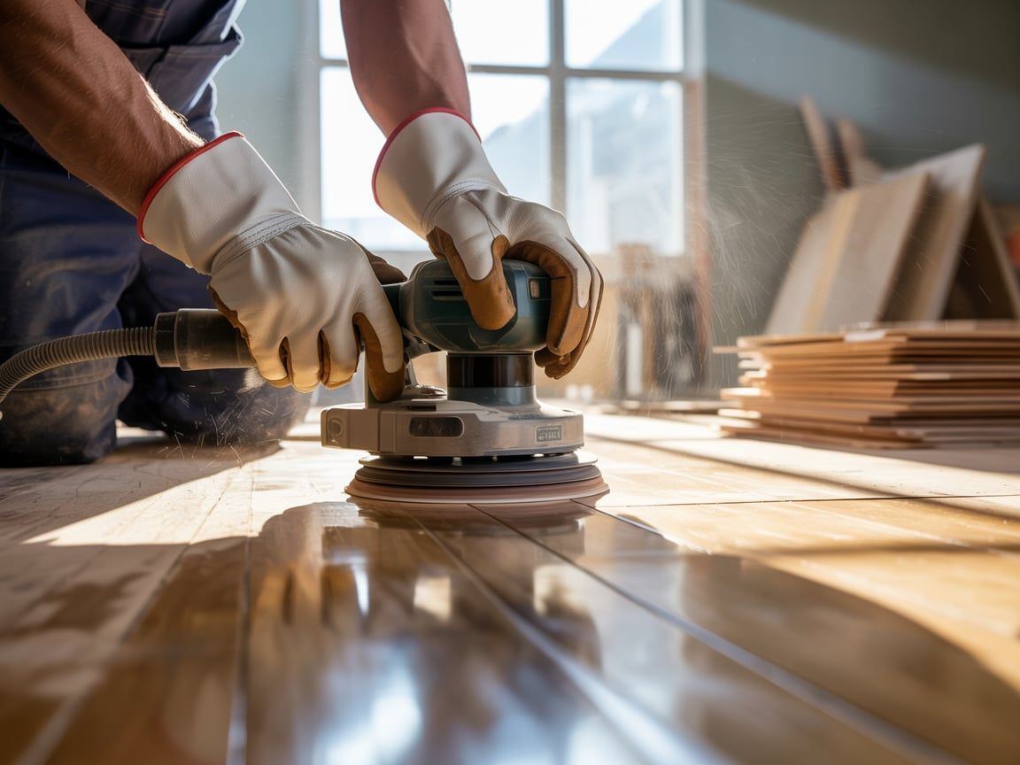 A worker sands a wooden floor with an electric sander, wearing gloves, in a sunlit room.