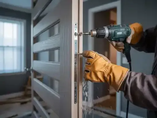 Person using a power drill to install door hardware on a gray door.