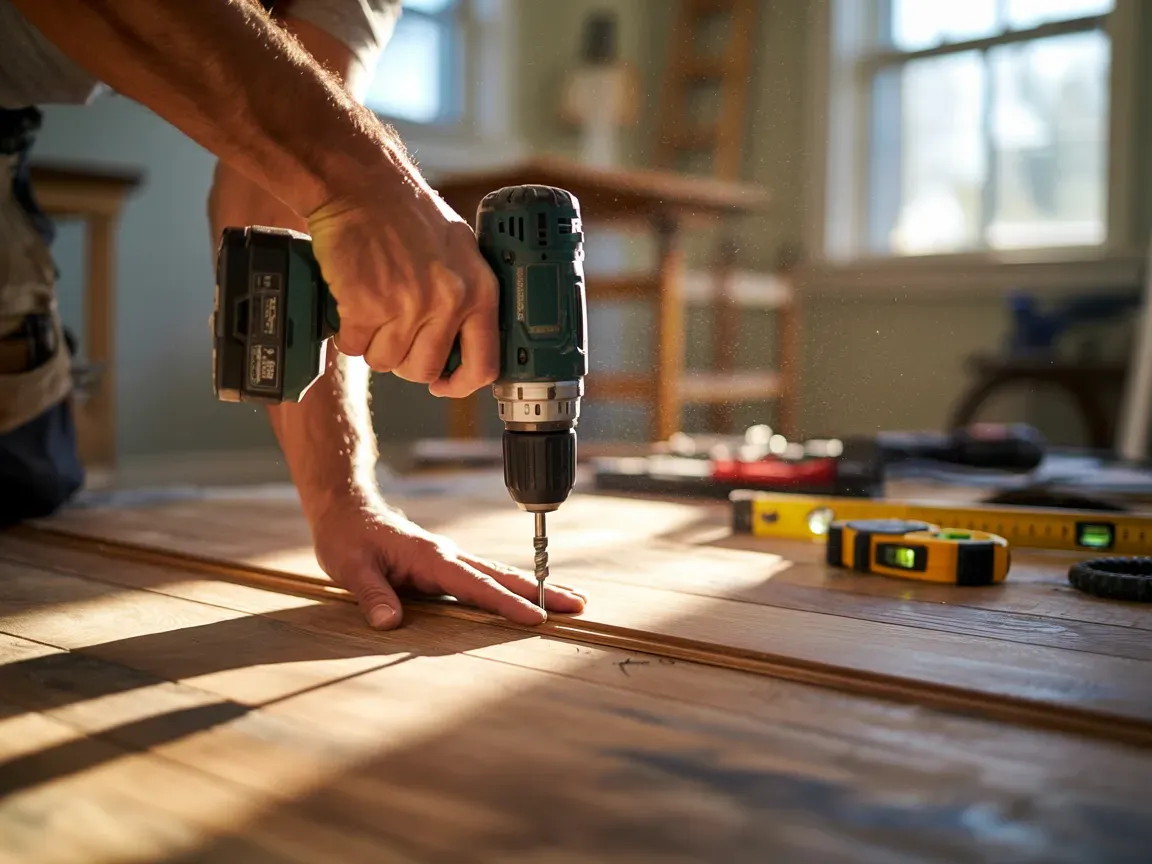 Person using a drill to fasten a wooden plank on a floor, tools scattered around.
