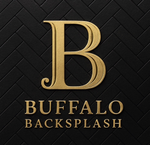 Gold "B" logo with "BUFFALO BACKSPLASH" text on a black herringbone pattern background.