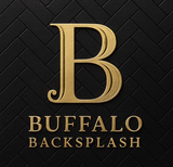 Gold "B" logo with "BUFFALO BACKSPLASH" text on a black herringbone pattern background.