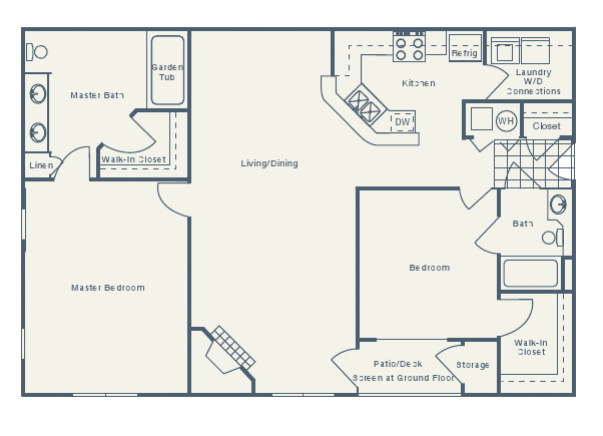 Floor plan of an apartment with two bedrooms, kitchen, living/dining area, and two bathrooms.