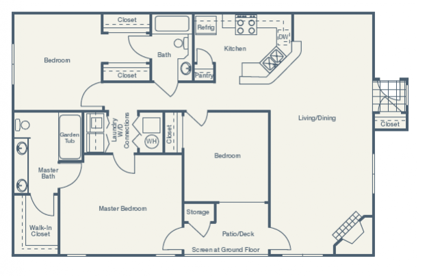 Floor plan of a two-bedroom apartment. Includes kitchen, living/dining area, patio, and closets.