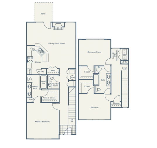Floor plan with two levels: living areas, kitchen, bedrooms, bathrooms.
