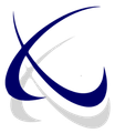 A blue and white logo on a white background