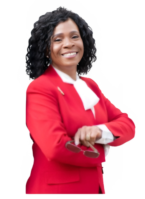 A woman is wearing a red jacket and a white shirt.