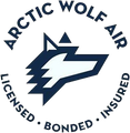 Arctic Wolf Air logo: Blue and white wolf head within a circular seal, text "Arctic Wolf Air, Licensed, Bonded, Insured".