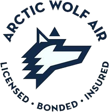 Arctic Wolf Air logo: Blue and white wolf head within a circular seal, text "Arctic Wolf Air, Licensed, Bonded, Insured".