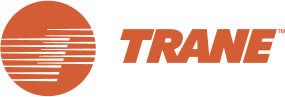Trane logo: Orange circle with horizontal lines, orange text 