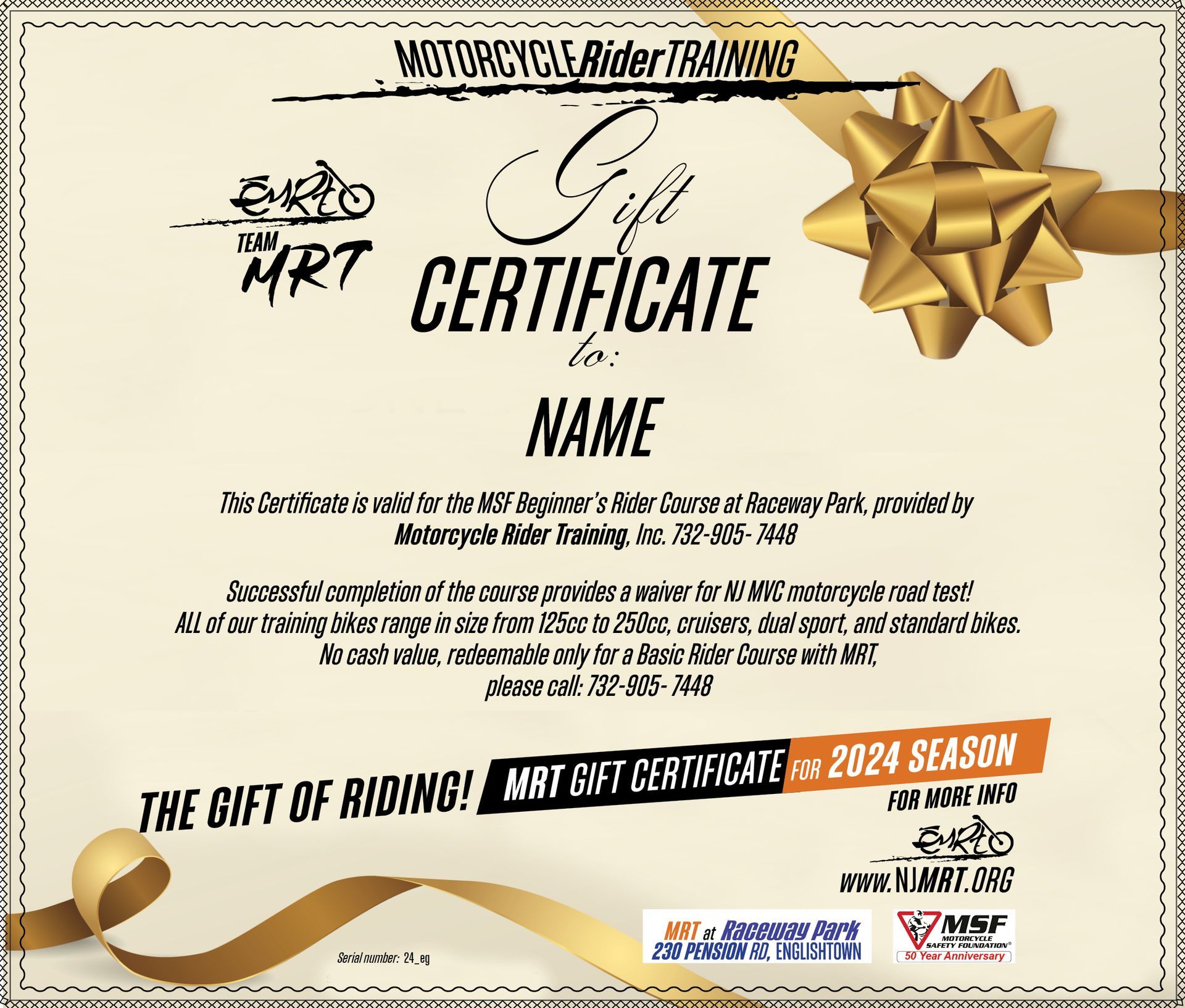 Sample Gift Certificate — Englishtown, NJ — Motorcycle Rider Training