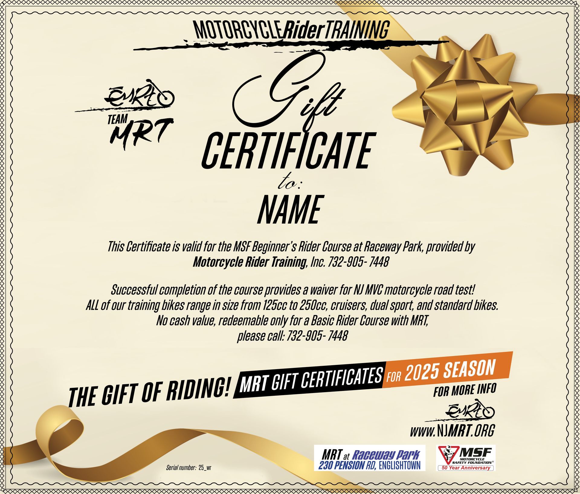 Sample Gift Certificate — Englishtown, NJ — Motorcycle Rider Training