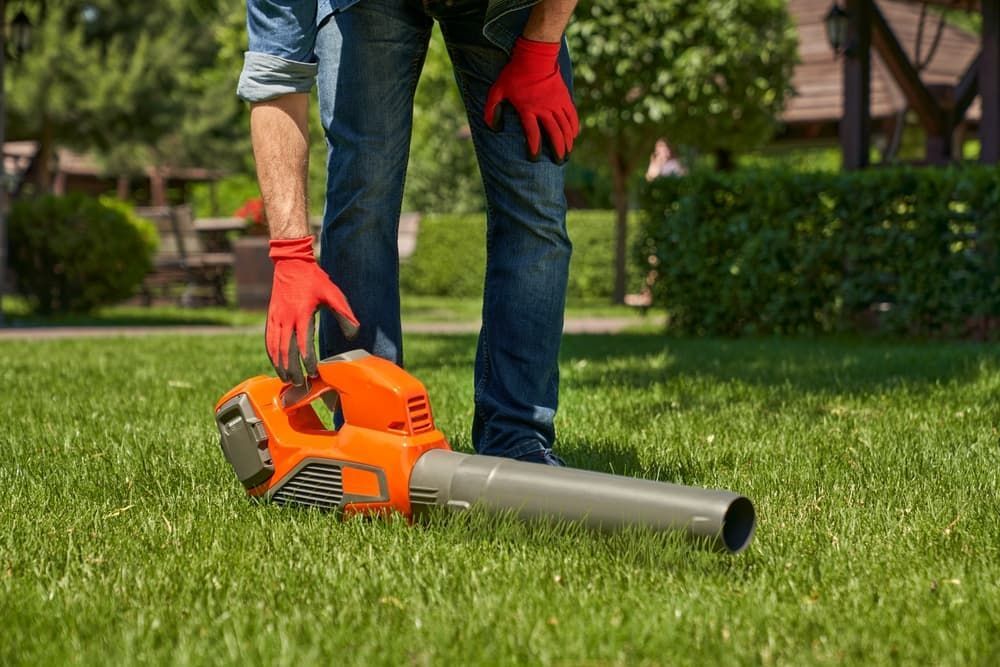 A Man is Using a Leaf Blower on a Lush Green Lawn — Urunga Chainsaw and Mower in Urunga, NSW