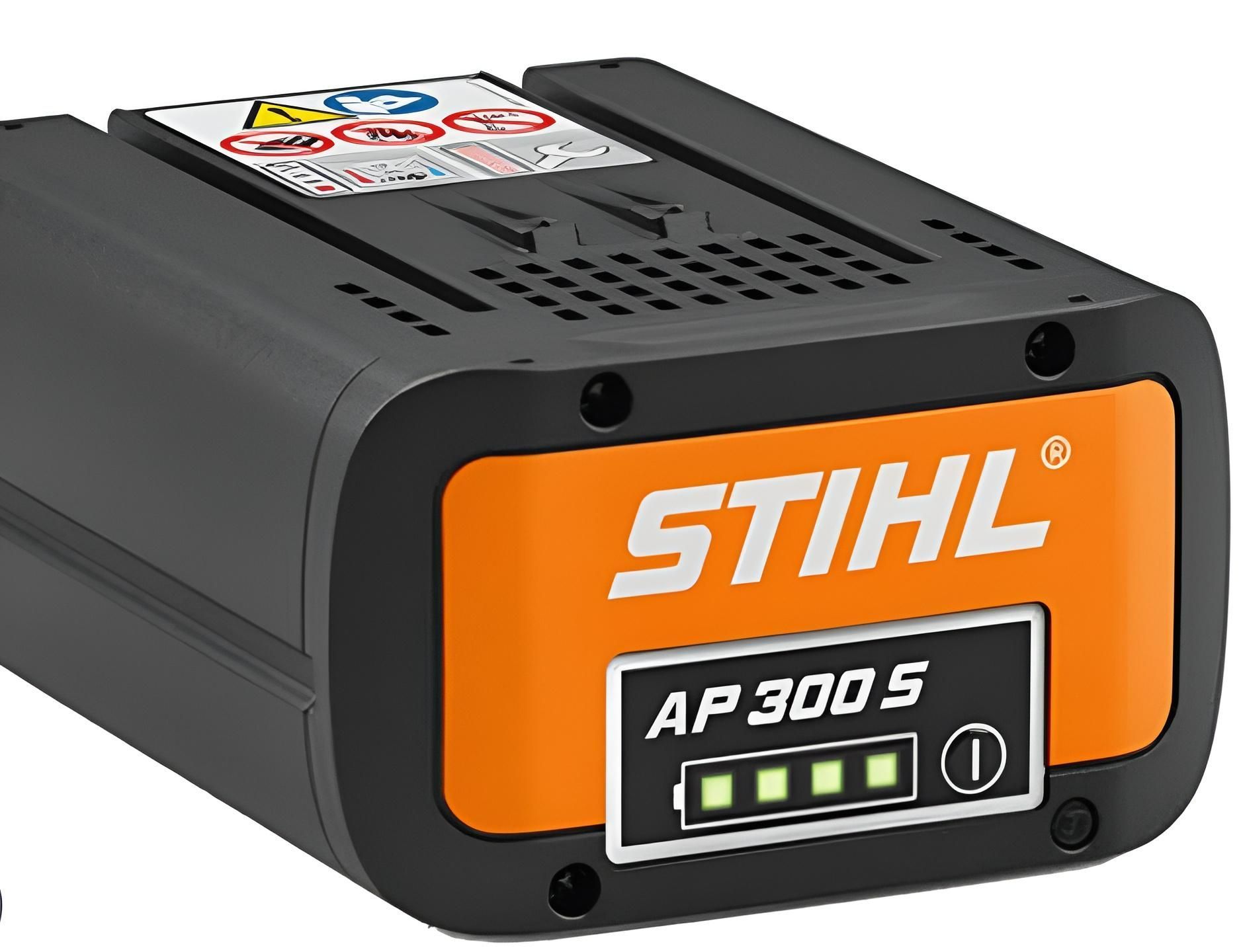 A Black and Orange Stihl AP 300 S Battery — Urunga Chainsaw and Mower in Urunga, NSW