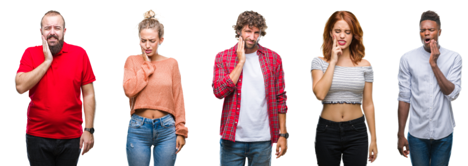 Five people standing side by side against a white background, each with a thoughtful hand-to-chin pose.