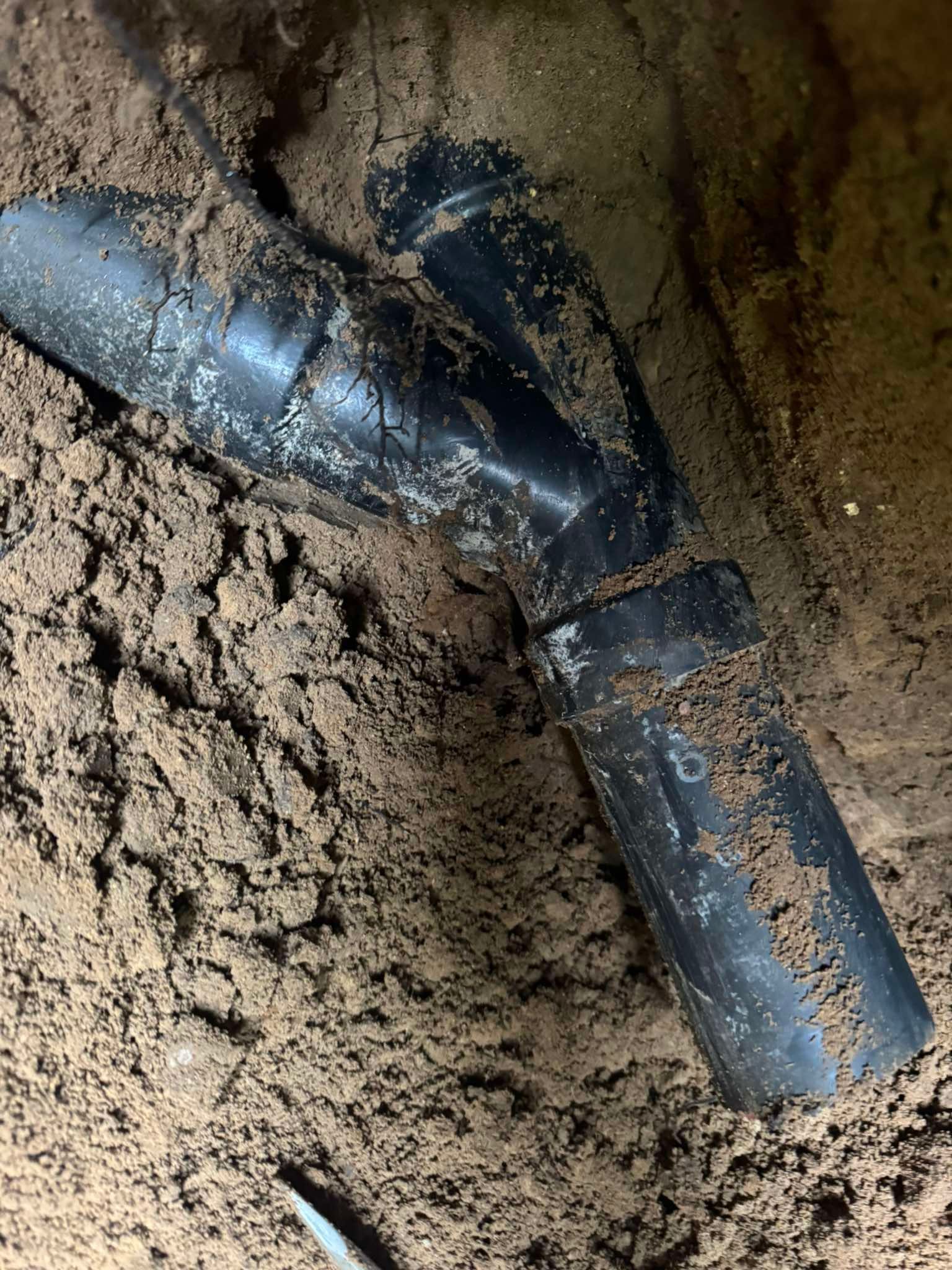 Black plastic plumbing pipes connected with a Y-shaped fitting, partially buried in soil.