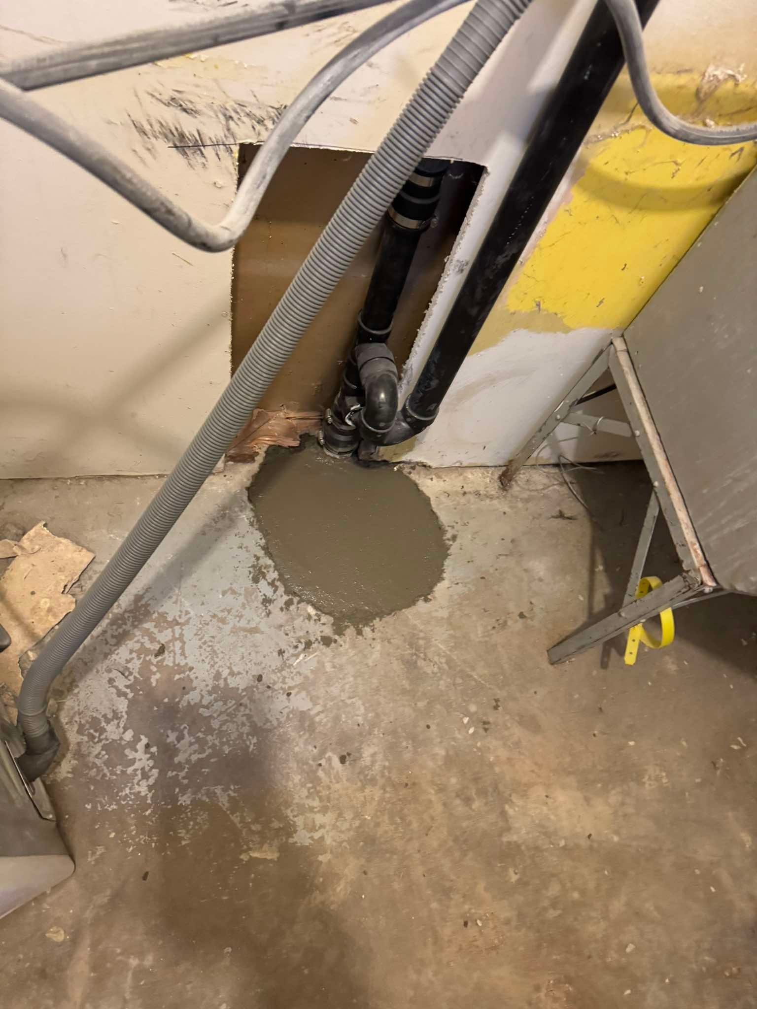 A patch of wet grey concrete on a basement floor near plumbing pipes and an unfinished wall.