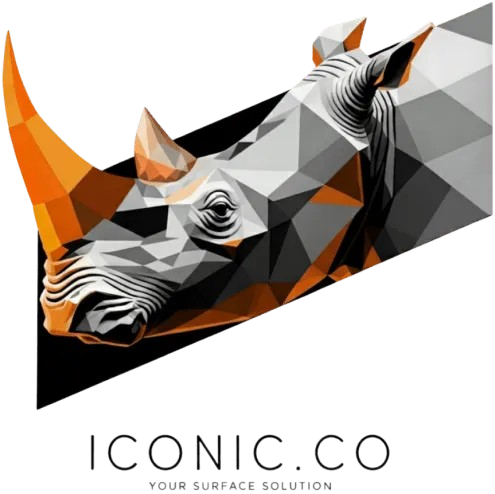 Low-poly geometric rhino head in shades of gray and orange on a black background, with "ICONIC.CO" text below.