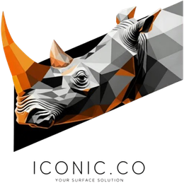 Low-poly geometric rhino head in shades of gray and orange on a black background, with "ICONIC.CO" text below.