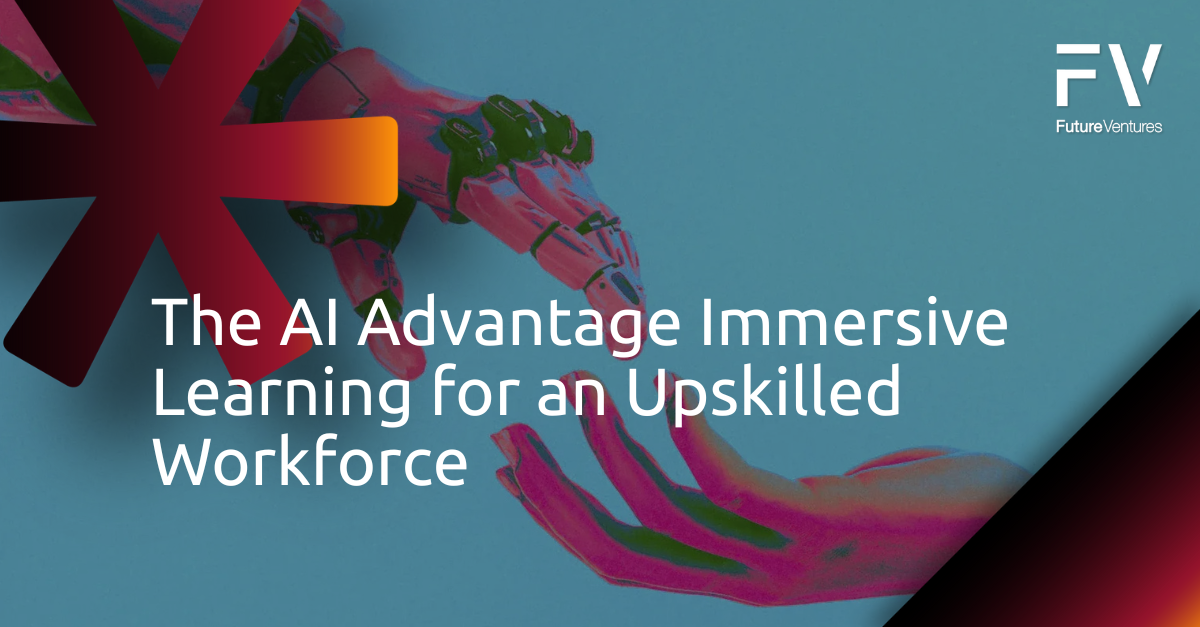 Pink robotic hand reaching towards a pink human hand against a light blue background.