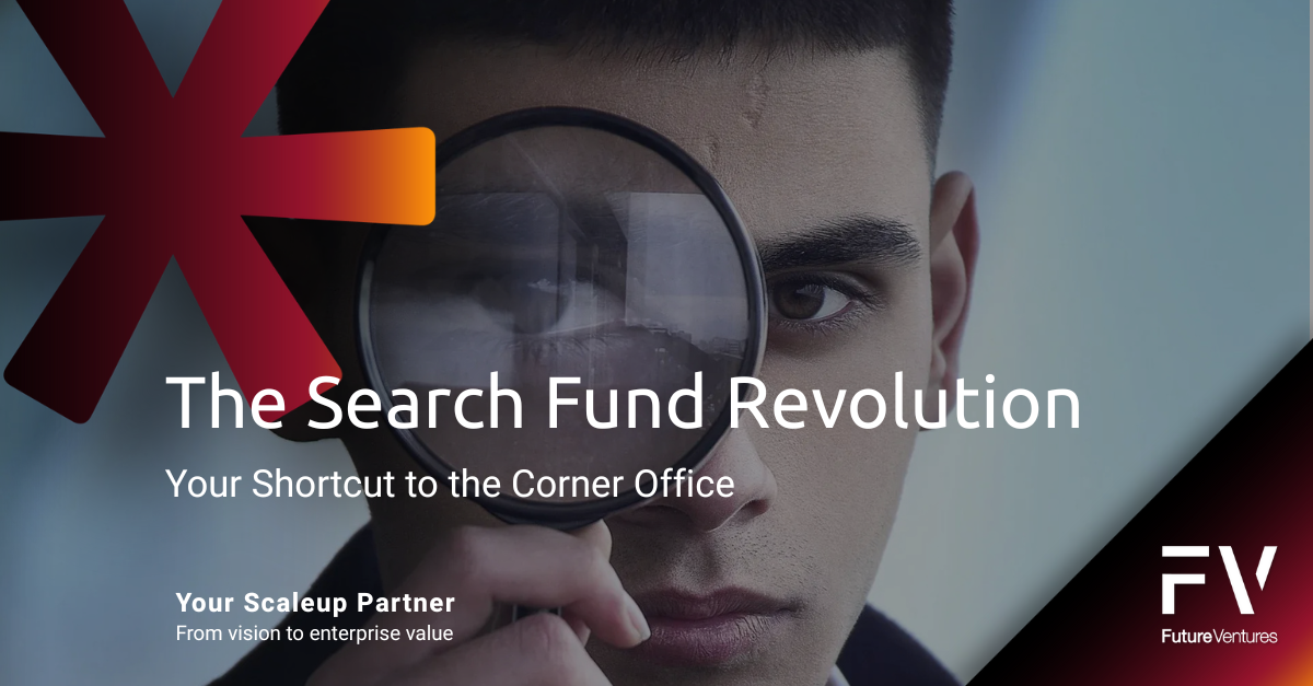 Man looking through a magnifying glass; close up of his eye and face.