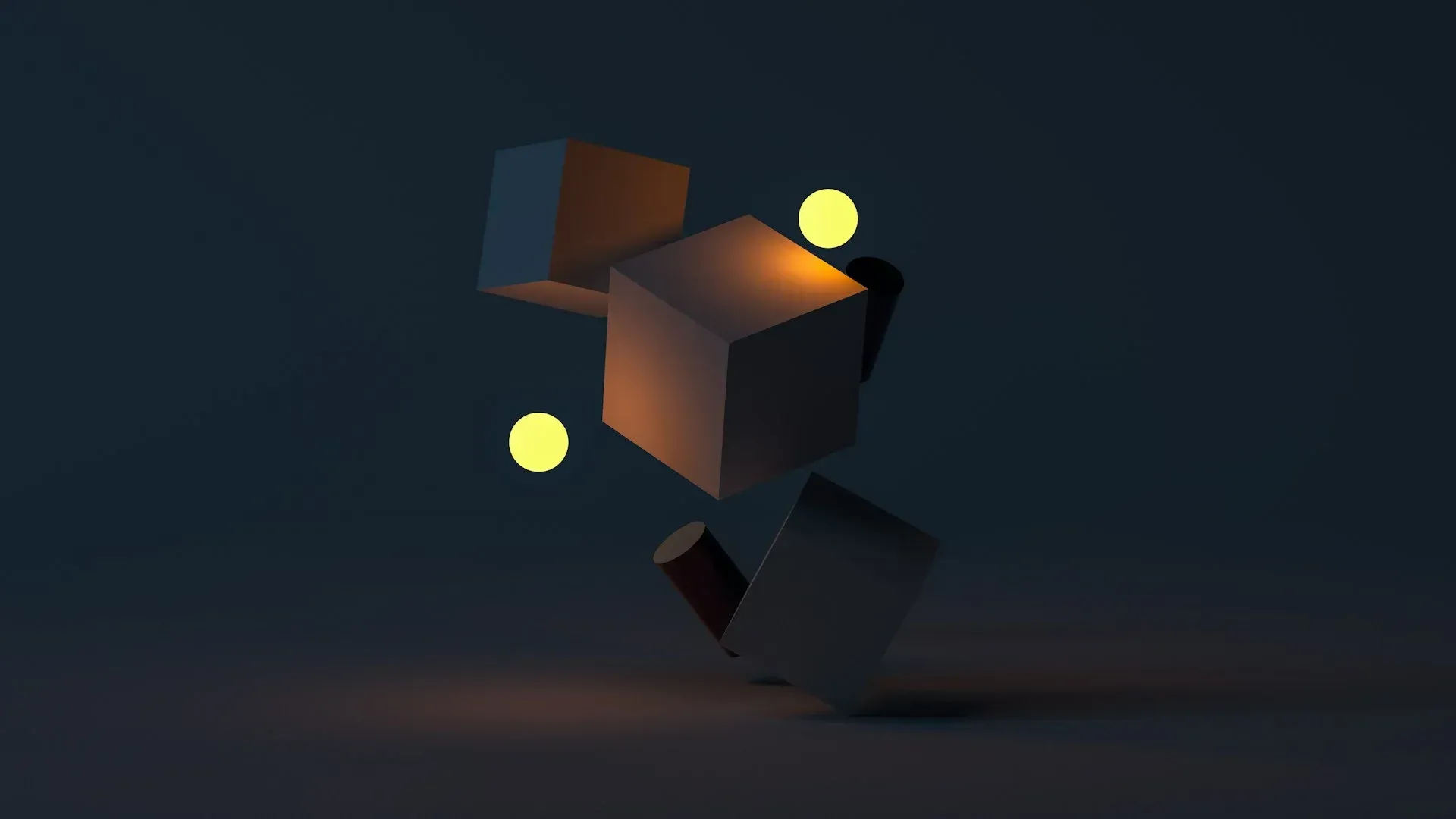A group of cubes are floating in the air in a dark room.