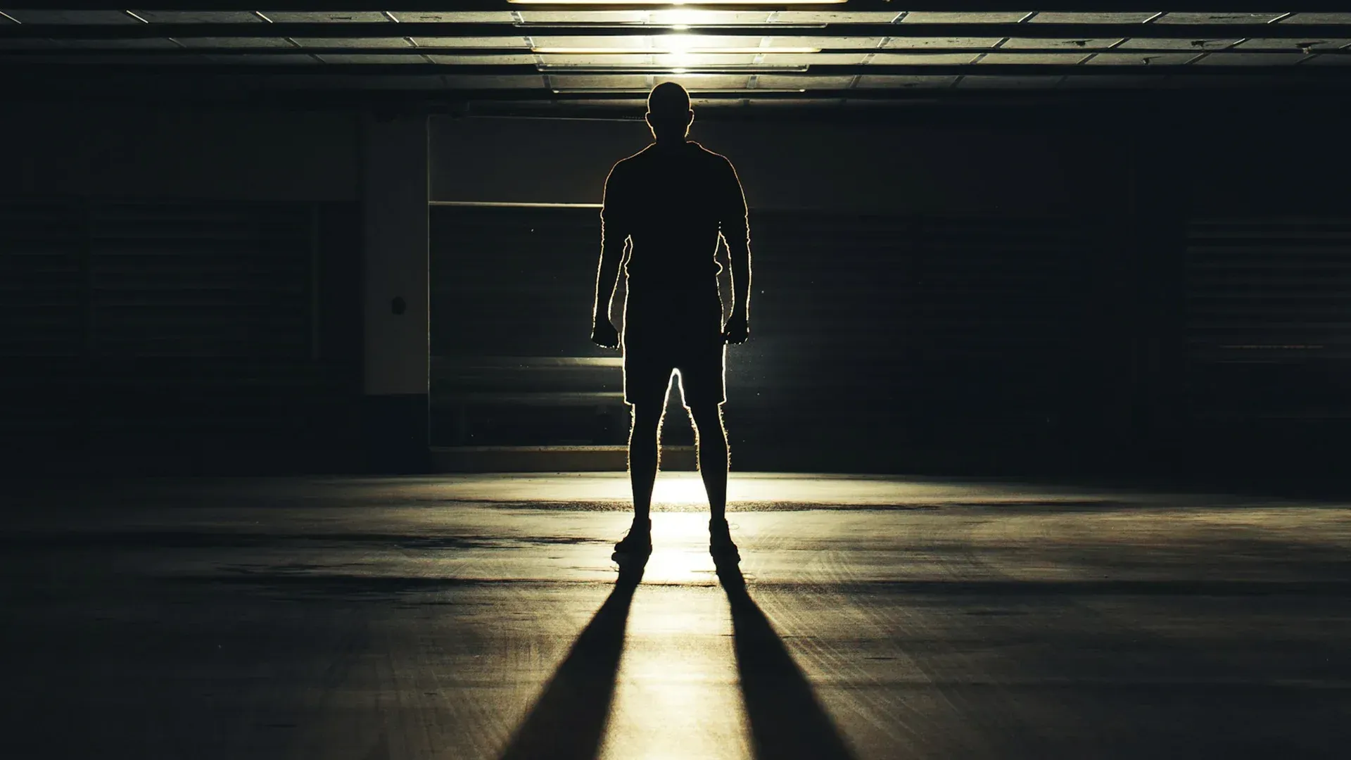 Silhouette of a person standing in a dark, open space, lit from above, casting a long shadow.