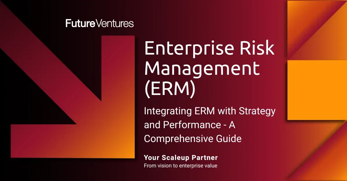 Title slide for a guide on Enterprise Risk Management (ERM). Features a dark red background with text and orange geometric shapes.