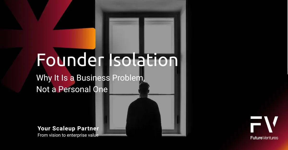 Founder Isolation poster with silhouette at a window, dark red and black design, and FV logo