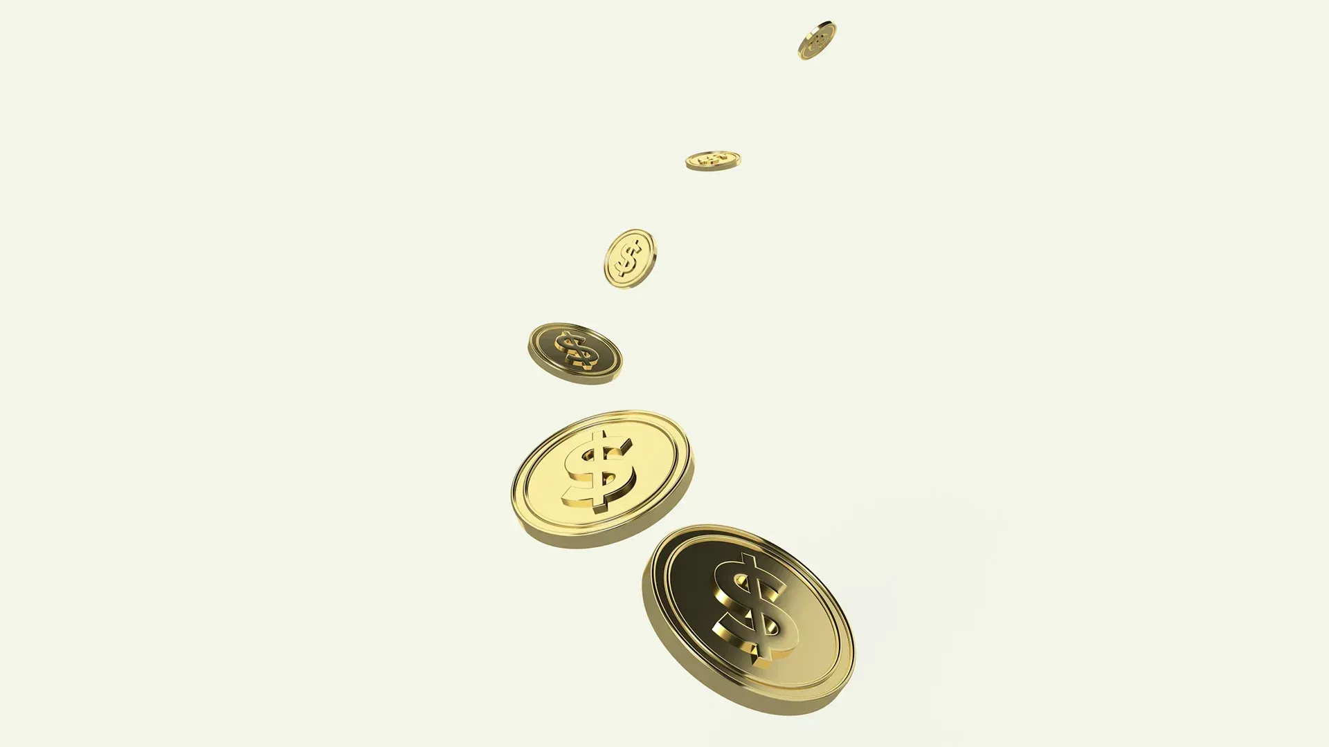 Gold coins falling downwards against a pale background.