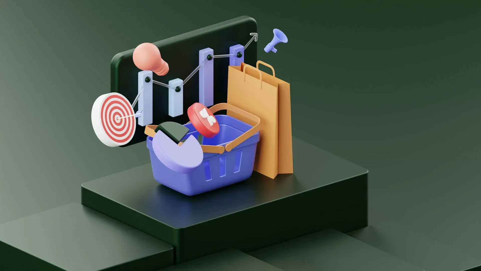 3D rendering of marketing icons in a shopping basket, with a chart, and shopping bag on a dark background.