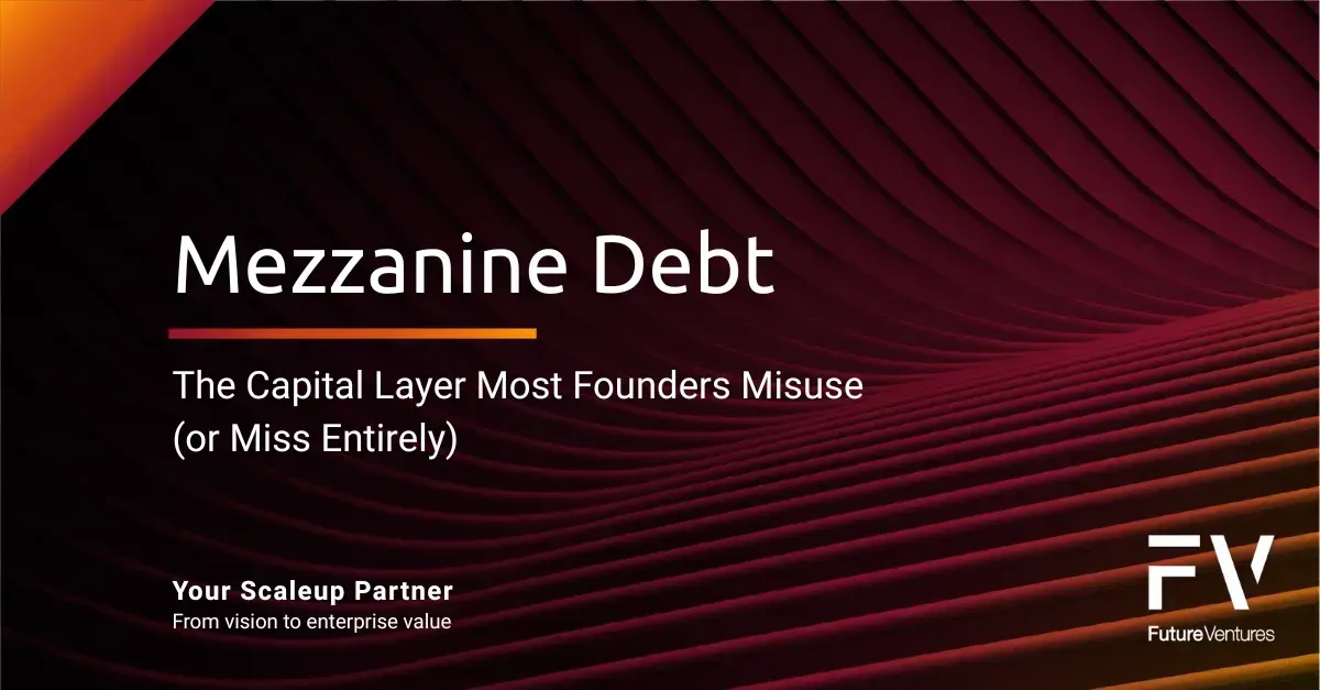 Presentation slide titled “Mezzanine Debt” on a red wave-patterned background with FV branding.
