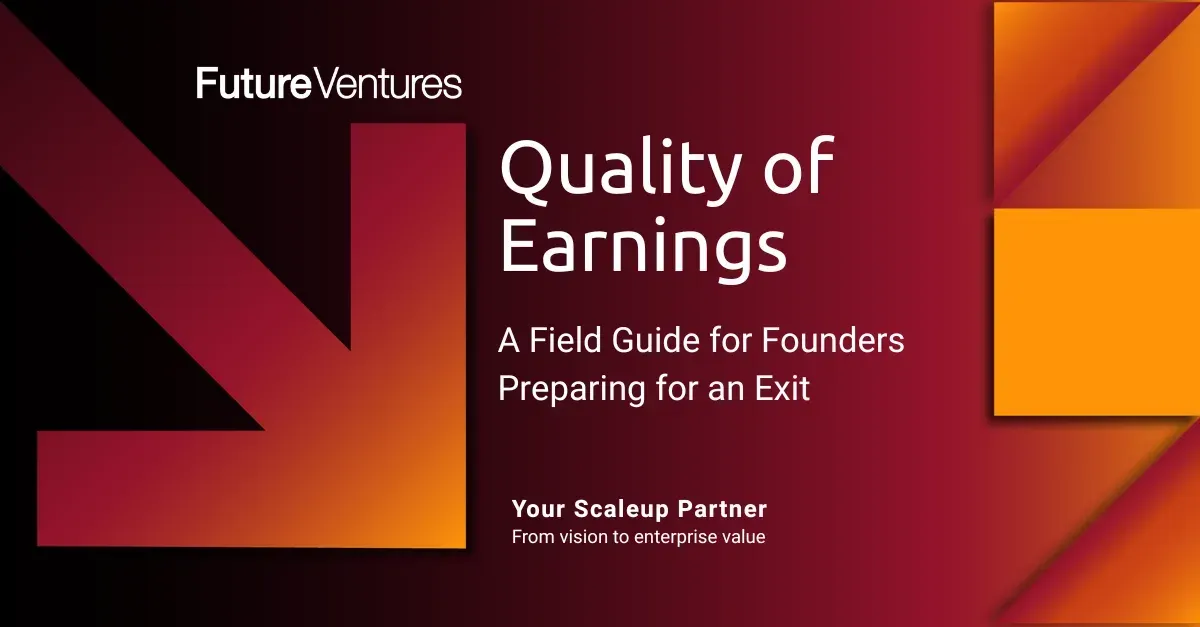 Banner for FutureVentures “Quality of Earnings” article, with orange and maroon geometric design.