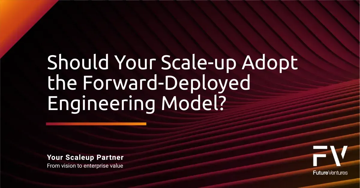 Promotional slide with title “Should Your Scale-up Adopt the Forward-Deployed Engineering Model?” on a red wave background
