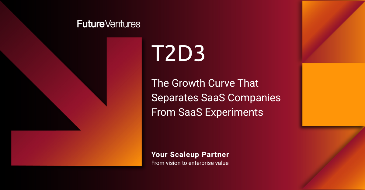 A presentation slide by Future Ventures. Title: T2D3, The Growth Curve for SaaS Companies, with orange and red gradient background.