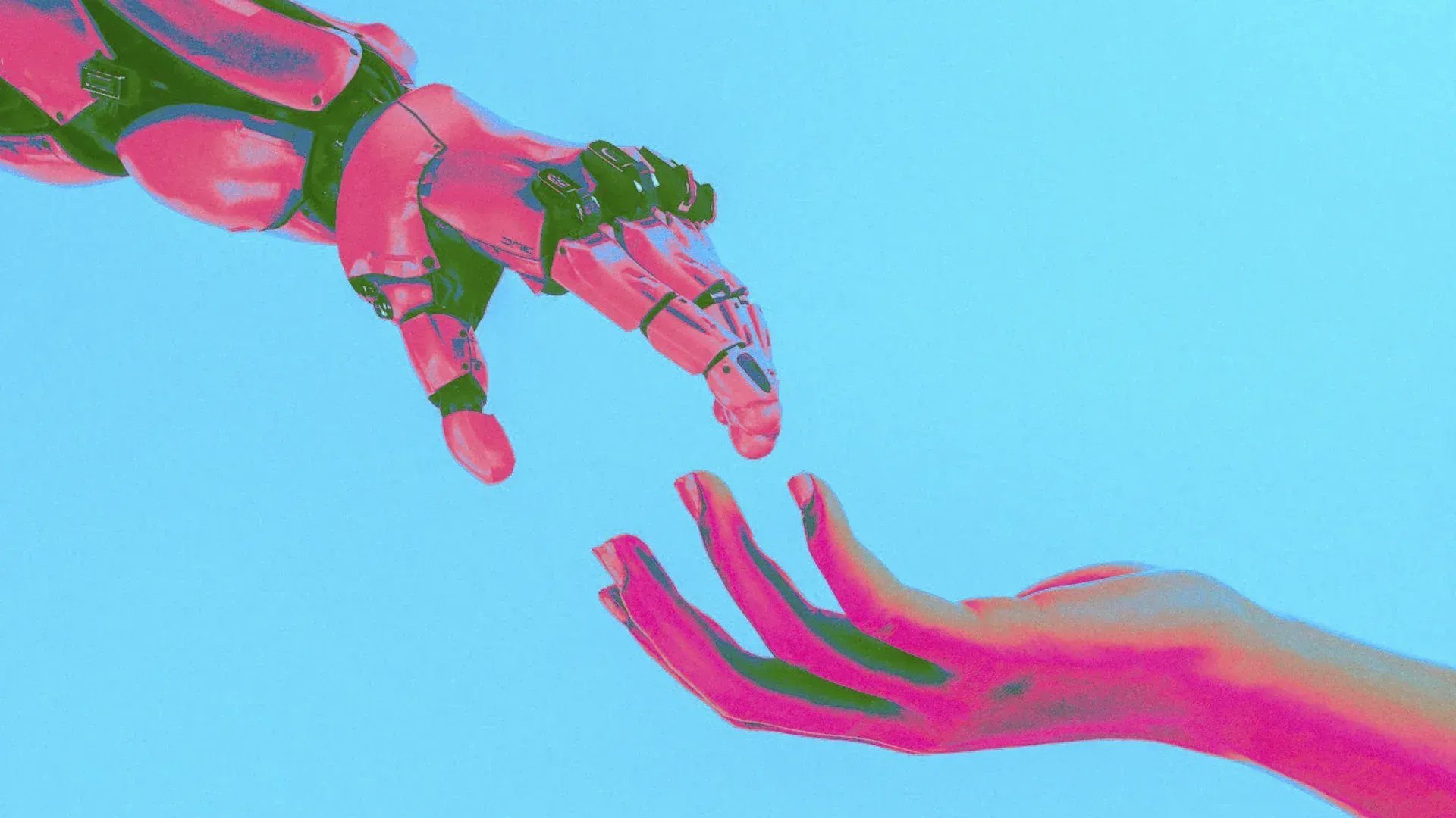 Pink robotic hand reaching towards a pink human hand against a light blue background.