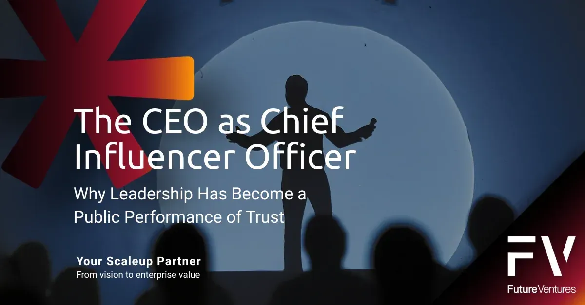 Promotional slide with title “The CEO as Chief Influence Officer” over a dark blue audience silhouette, FV logo