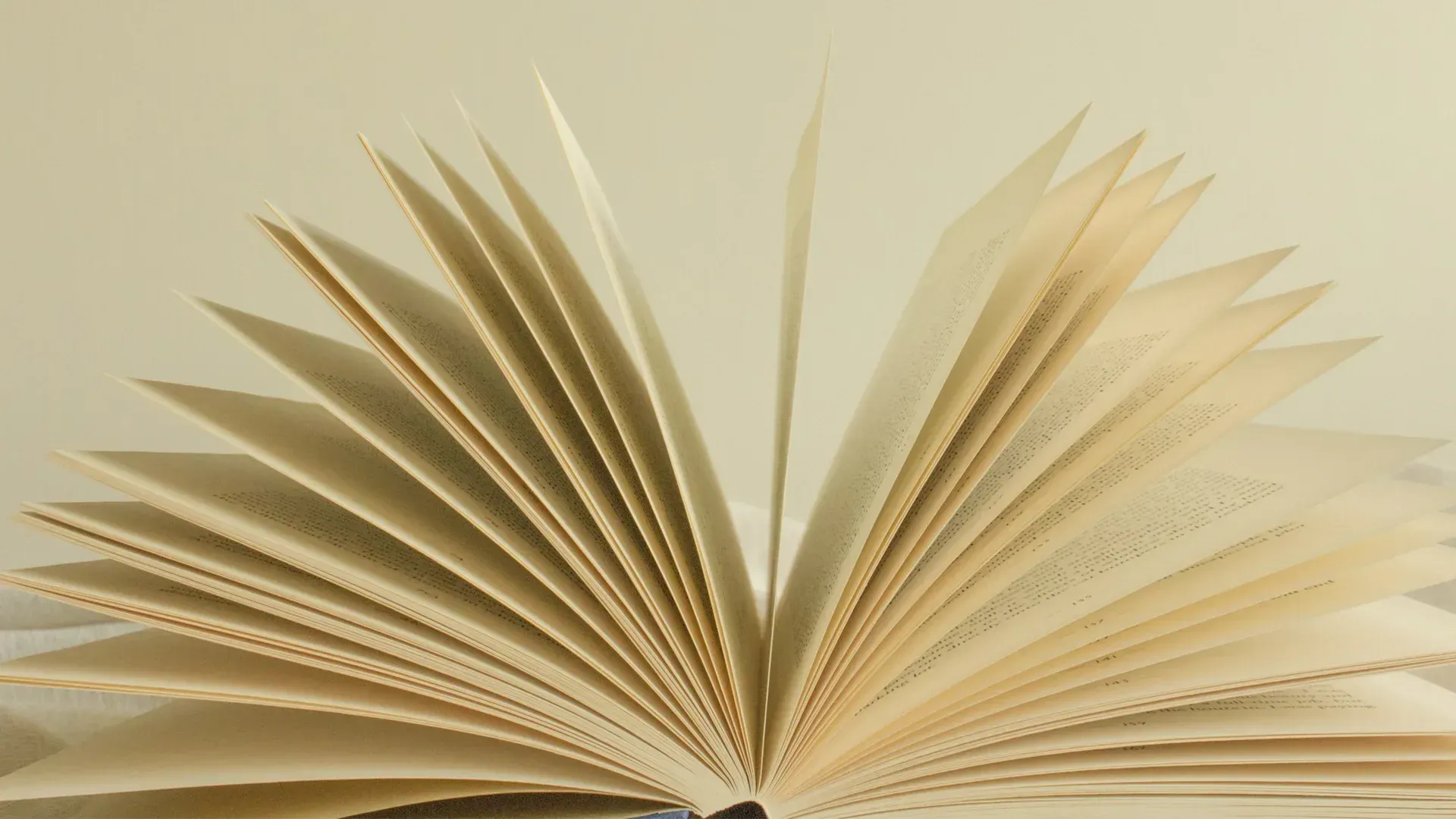 Open book, pages fanned out, ivory-colored paper, on a cream-colored background.