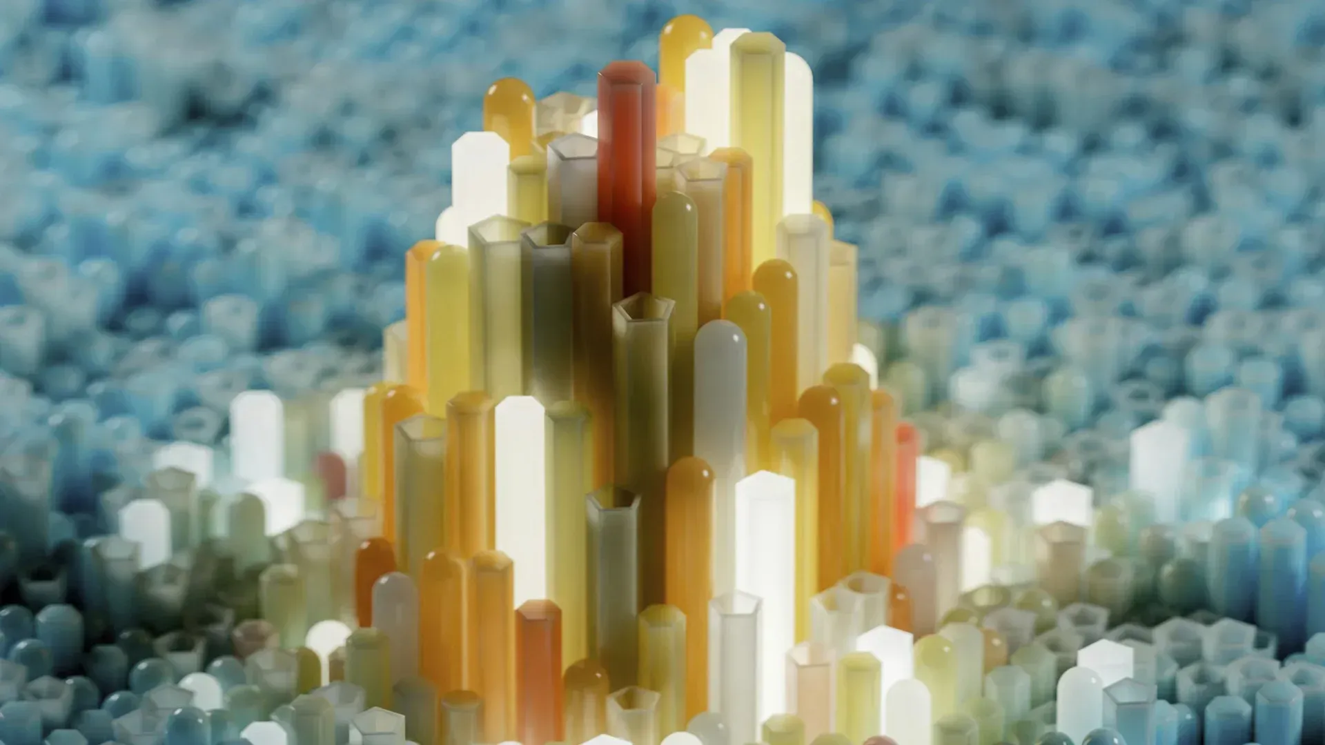 Abstract, colorful cluster of cylindrical shapes. Yellow, orange, and red columns rise from a field of blue ones.