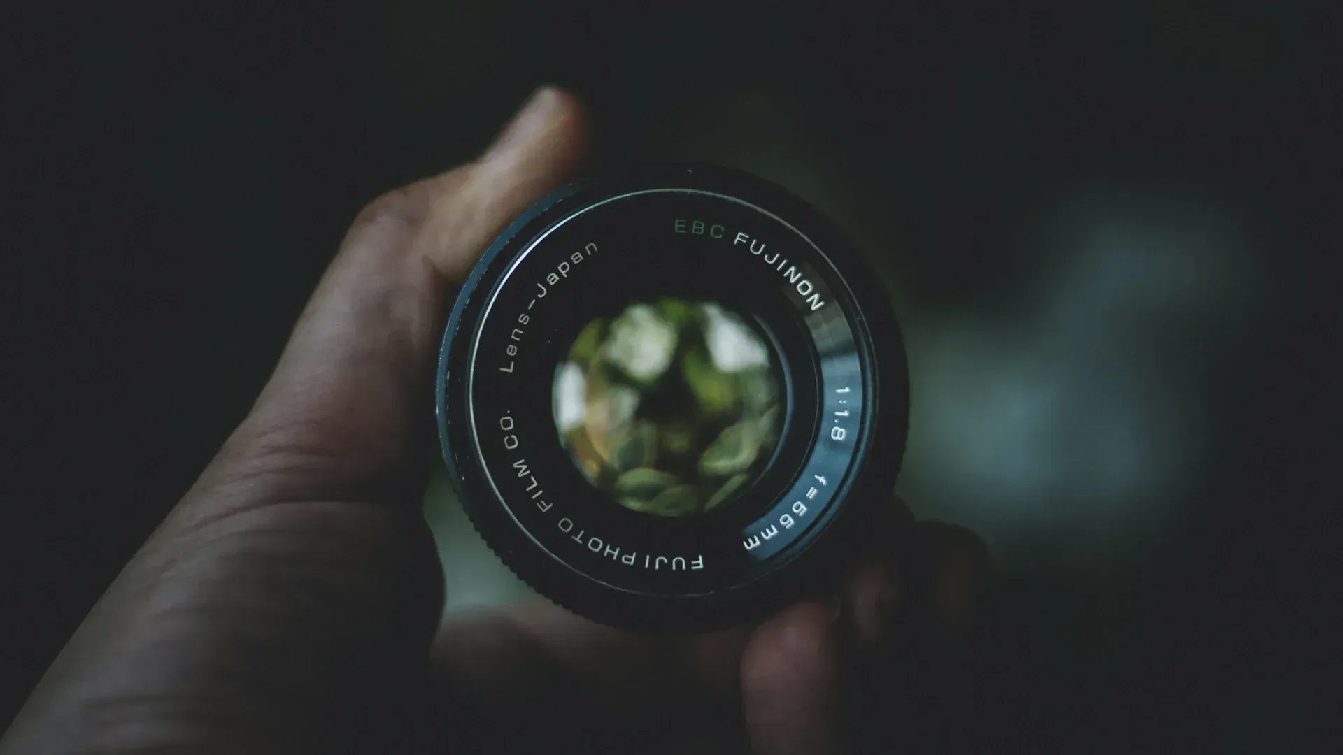 Hand holding a camera lens, the center reflecting blurry green foliage against a dark background.