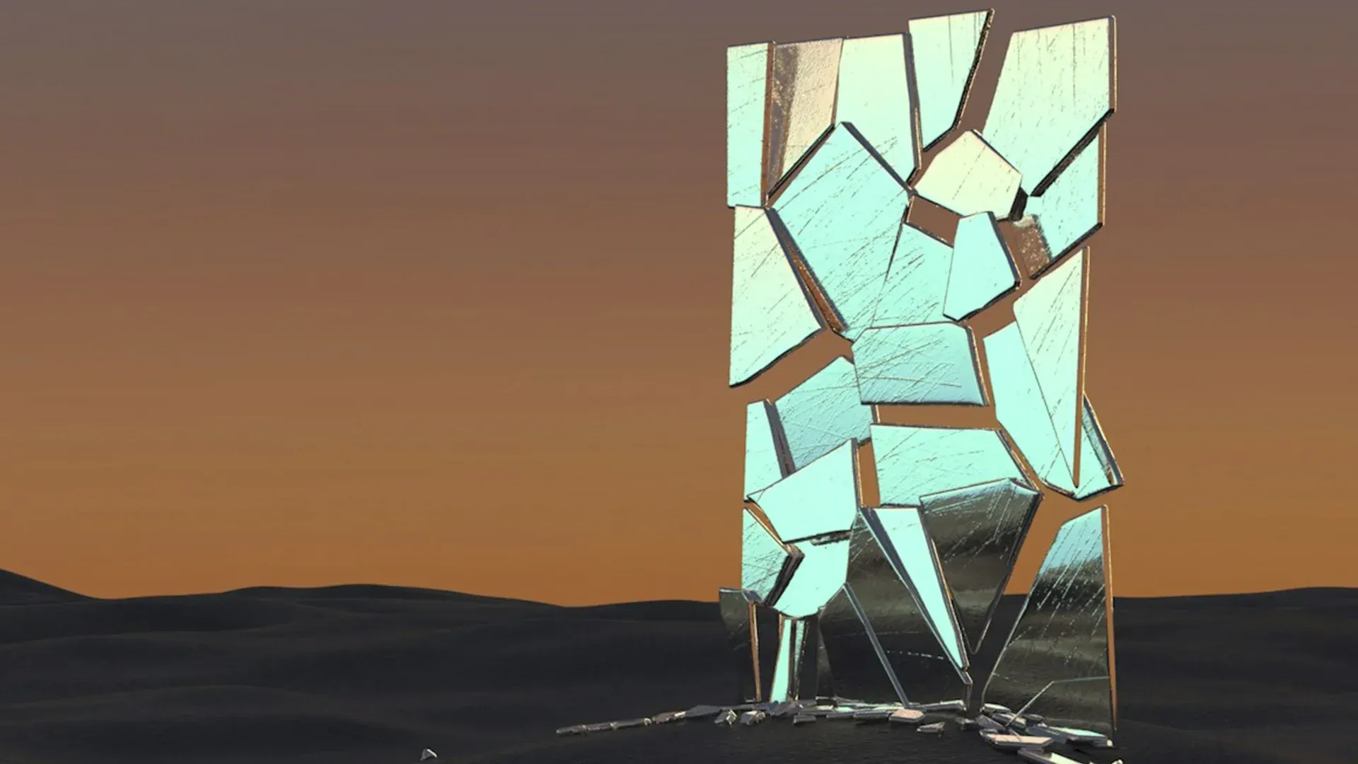 Broken glass wall in a desert-like setting, reflecting a warm sky.