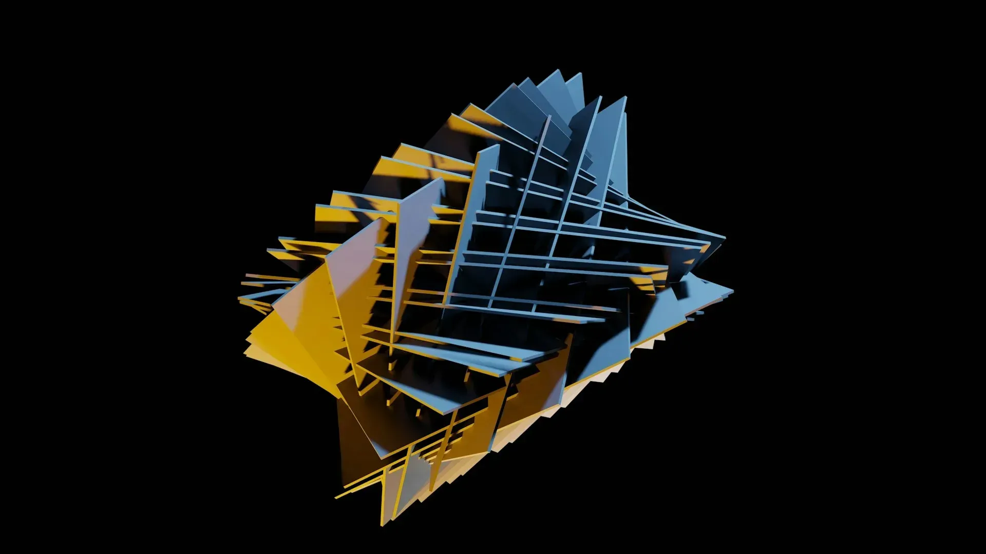 Abstract 3D shape with layered yellow, blue, and gray angular planes against a black background.