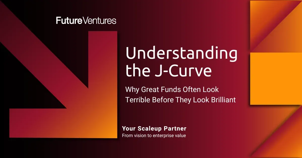 J‑Curve presentation slide with red and orange geometric background and white title text