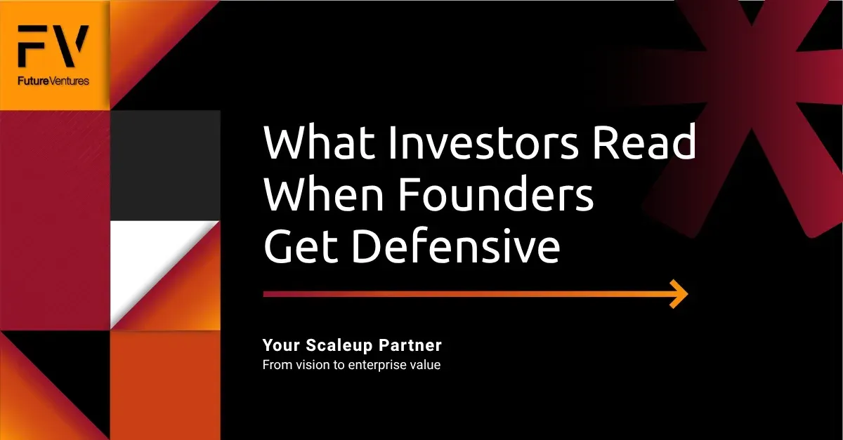 Banner for an article called “What Investors Read When Founders Get Defensive” with FV logo and arrow icon.